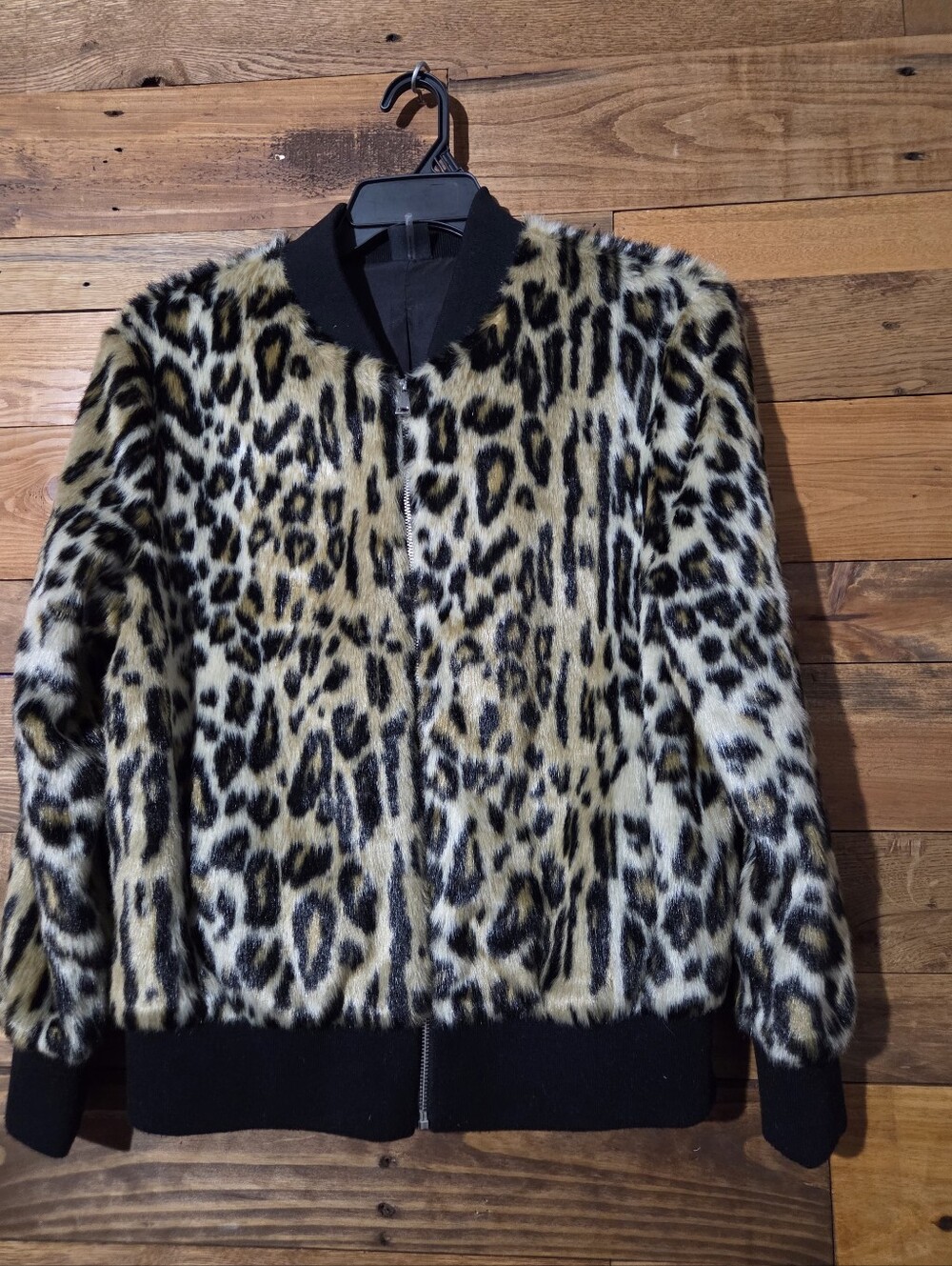 Leopard Animal Print Faux Fur Bomber Jacket Women's Sz L Zip Front Ribbed Trim